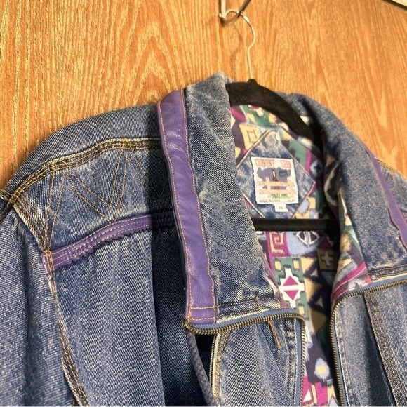 Vintage 90 Western Aztec Lined Denim Coat Women 2X Heavyweight Barn Chore Jacket - Picture 9 of 16